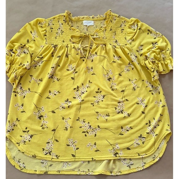 MELLODAY Tops - Melloday Yellow Floral Smocked Ruffle Neck Blouse Large Prairie Garden Peasant